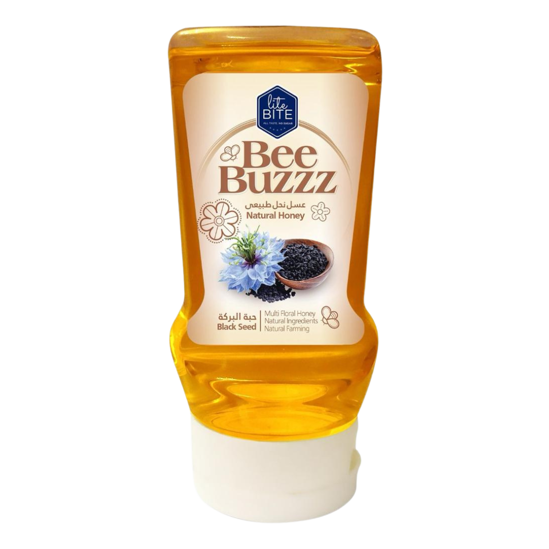 Lite Bite Bee Buzzz Natural Honey Squeeze Bottle 425g with black seed, multi-floral honey in a clear plastic squeeze bottle with white flip cap.