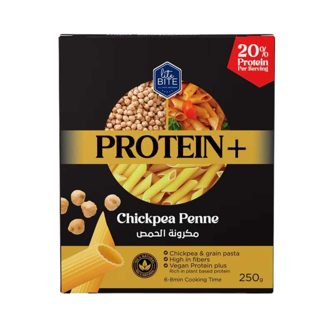 Lite Bite Protein+ Chickpea Penne pasta box, 250g, high-protein vegan pasta made from chickpeas and grains. Packaging shows penne, chickpeas, and a serving suggestion.