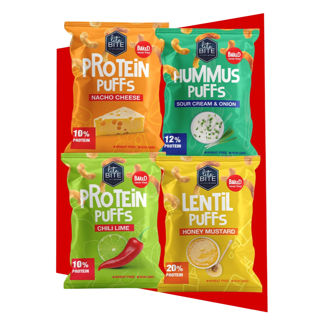Assorted Lite Bite puffs bundle showing four flavors: Protein Puffs Nacho Cheese, Hummus Puffs Sour Cream & Onion, Protein Puffs Chili Lime, and Lentil Puffs Honey Mustard. Colorful snack packaging displayed together.