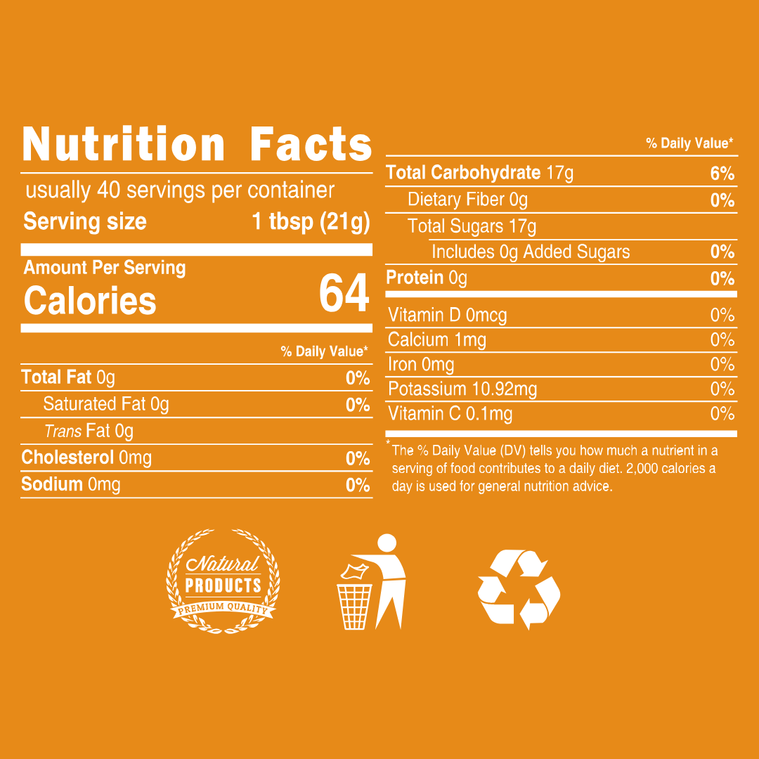 Nutrition Facts label for Bee Buzzz Citrus Natural Honey 425g showing calories, sugars, carbohydrates, vitamins, and serving size details.