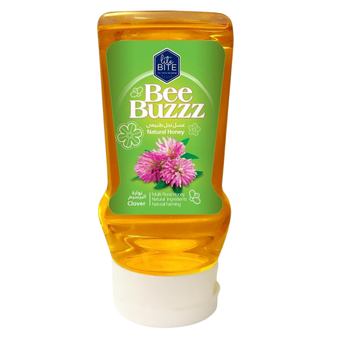 Bee Buzzz Clover Natural Honey 425g squeeze bottle with green label and clover flower illustration.