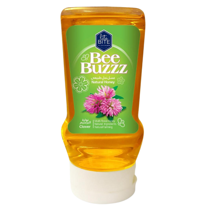 Bee Buzzz Clover Natural Honey 425g squeeze bottle with green label and clover flower illustration.