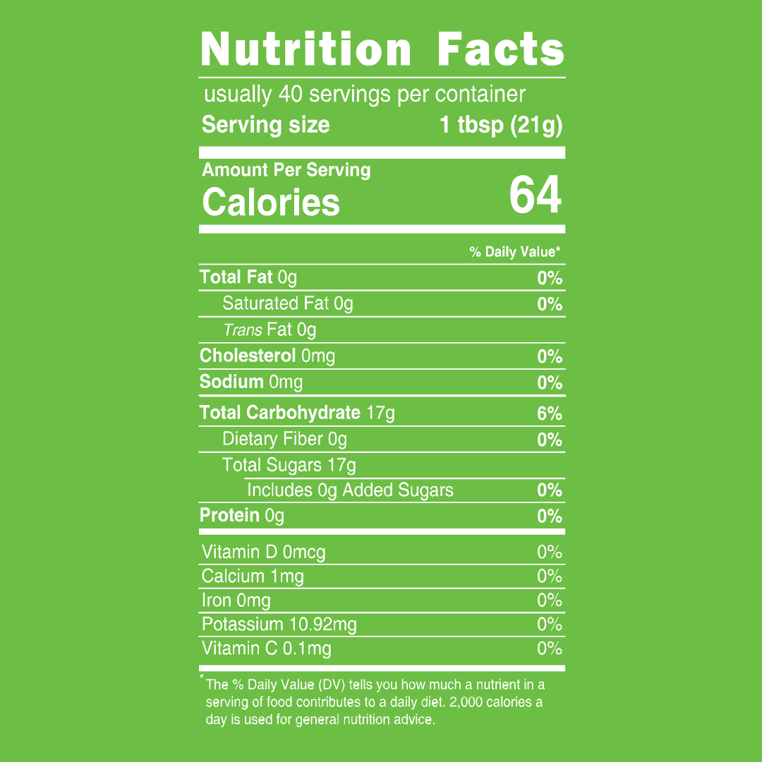Nutrition facts label for Bee Buzzz Clover Natural Honey 425g showing calories, sugars, and ingredients.
