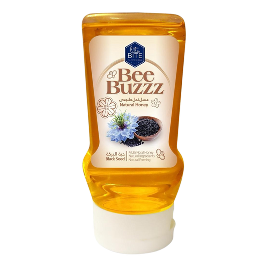 Lite Bite Bee Buzzz Natural Honey Squeeze Bottle 425g with black seed, multi-floral honey in a clear plastic squeeze bottle with white flip cap.
