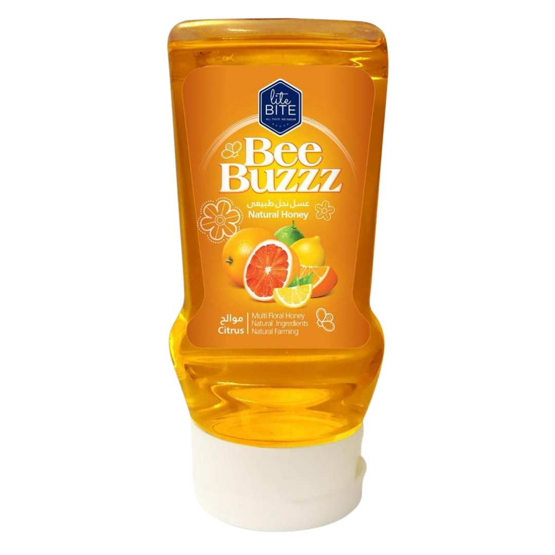 Lite Bite Bee Buzzz Citrus Natural Honey Squeeze Bottle 425g featuring citrus fruits illustration, multi-floral honey in clear plastic squeeze bottle with white flip cap.