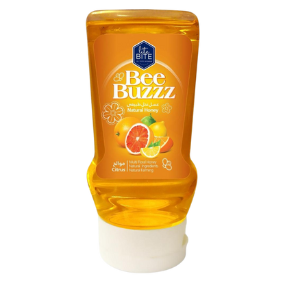 Lite Bite Bee Buzzz Citrus Natural Honey Squeeze Bottle 425g featuring citrus fruits illustration, multi-floral honey in clear plastic squeeze bottle with white flip cap.