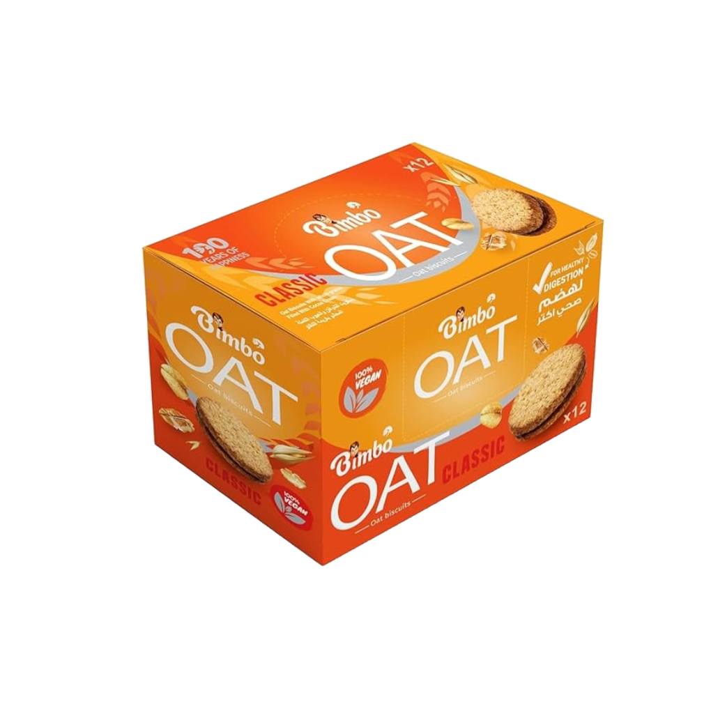 Bimbo Oat Biscuits Classic pack 12x30g by The Growth Co UAE, high-fiber vegan oat biscuits for healthy snacking and better digestion.