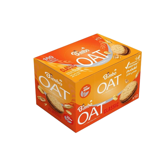Bimbo Oat Biscuits Classic pack 12x30g by The Growth Co UAE, high-fiber vegan oat biscuits for healthy snacking and better digestion.
