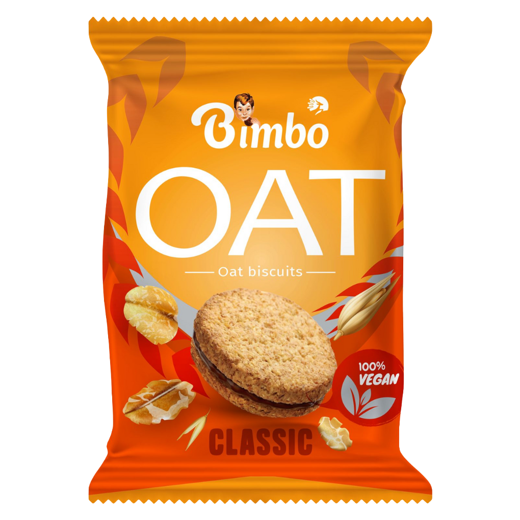 Bimbo Oat Biscuits Classic 30g pack showing oat cookies, wheat grains and vegan label