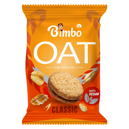 Bimbo Oat Biscuits Classic 30g pack showing oat cookies, wheat grains and vegan label