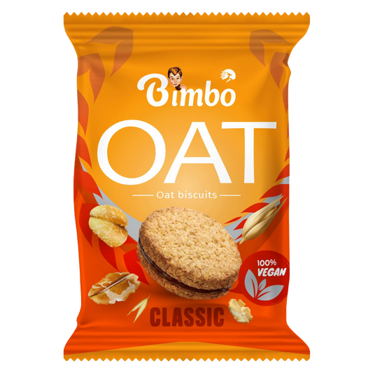 Bimbo Oat Biscuits Classic 30g pack showing oat cookies, wheat grains and vegan label