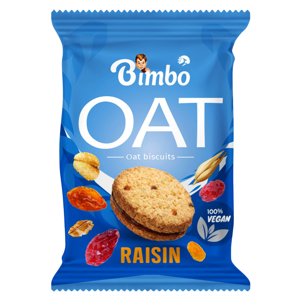 Bimbo Oat Biscuits Raisin 30g pack showing oat cookies with raisins, vegan label and blue packaging by The Growth Co UAE
