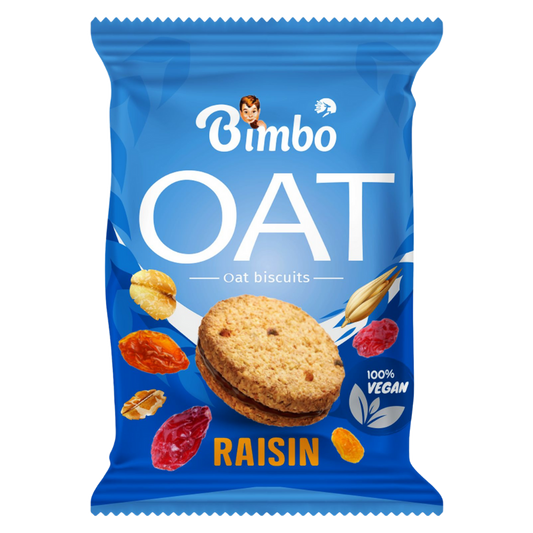 Bimbo Oat Biscuits Raisin 30g pack showing oat cookies with raisins, vegan label and blue packaging by The Growth Co UAE