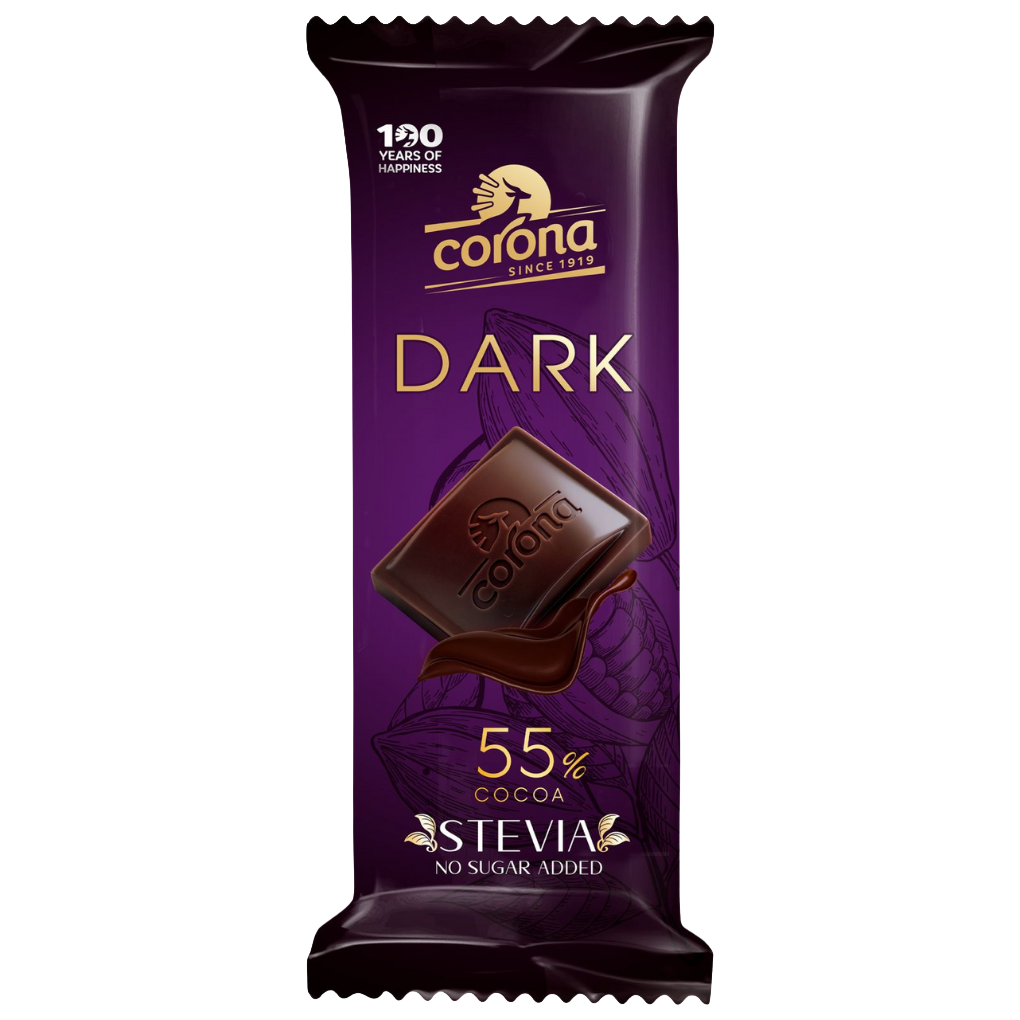 Corona 55% dark chocolate bar with stevia no sugar added 44g in purple wrapper