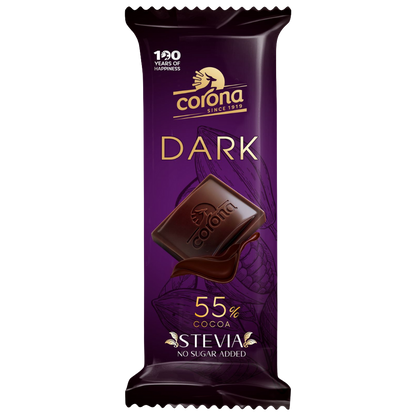 Corona 55% dark chocolate bar with stevia no sugar added 44g in purple wrapper