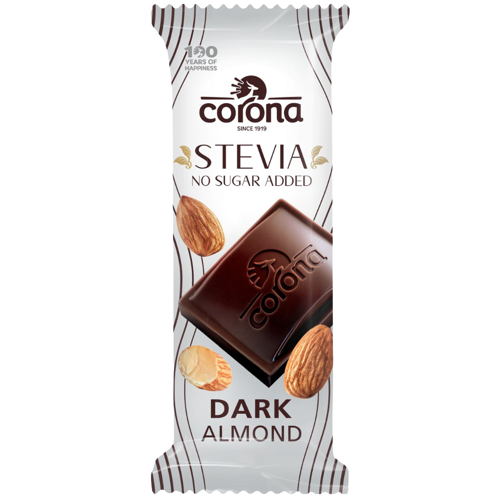 Corona Stevia No Sugar Added Dark Chocolate Almond bar 44g with whole almonds on the wrapper