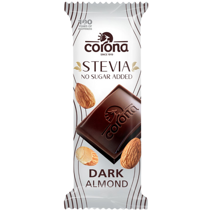 Corona Stevia No Sugar Added Dark Chocolate Almond bar 44g with whole almonds on the wrapper