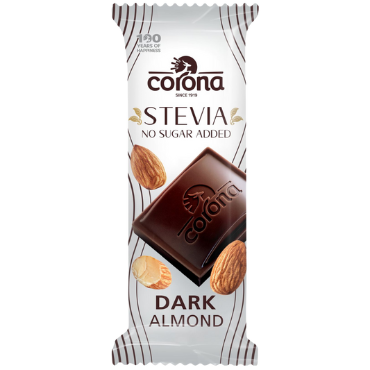 Corona Stevia No Sugar Added Dark Chocolate Almond bar 44g with whole almonds on the wrapper
