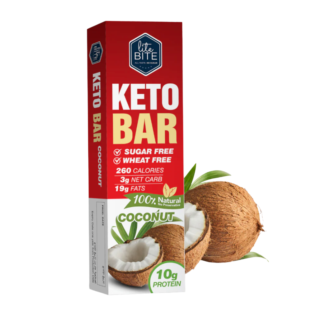 Lite Bite Keto Bar Coconut 60g packaging showing sugar-free, wheat-free keto snack with coconut pieces and 10g protein.