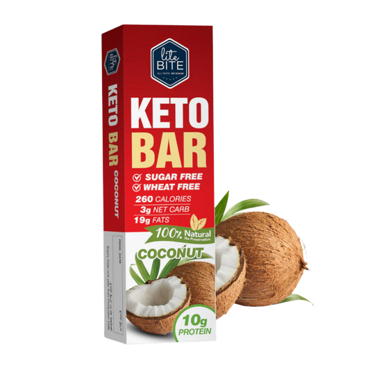 Lite Bite Keto Bar Coconut 60g packaging showing sugar-free, wheat-free keto snack with coconut pieces and 10g protein.