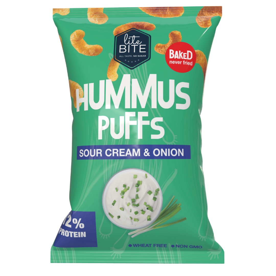 Lite Bite Hummus Puffs Sour Cream & Onion 40g bag showing green packaging with baked puffs, a bowl of sour cream with chives, and product claims like wheat-free and non-GMO.