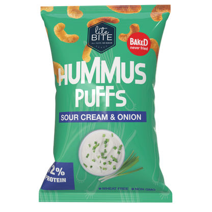 Lite Bite Hummus Puffs Sour Cream & Onion 40g bag showing green packaging with baked puffs, a bowl of sour cream with chives, and product claims like wheat-free and non-GMO.