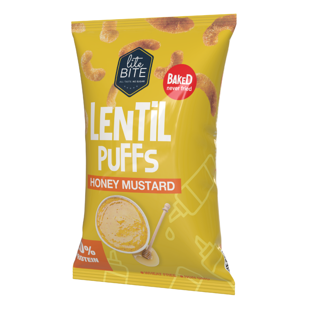 Yellow Lite Bite Lentil Puffs Honey Mustard flavor bag showing baked lentil puff snacks with a honey mustard dip illustration, 40g pack.