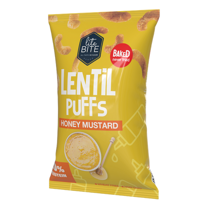 Yellow Lite Bite Lentil Puffs Honey Mustard flavor bag showing baked lentil puff snacks with a honey mustard dip illustration, 40g pack.