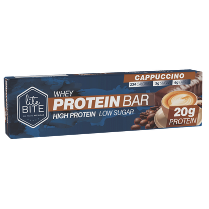 Front packaging of Lite Bite Whey Protein Bar Cappuccino 70g, featuring cappuccino cup, coffee beans, and 20g protein with high-protein low-sugar highlights.