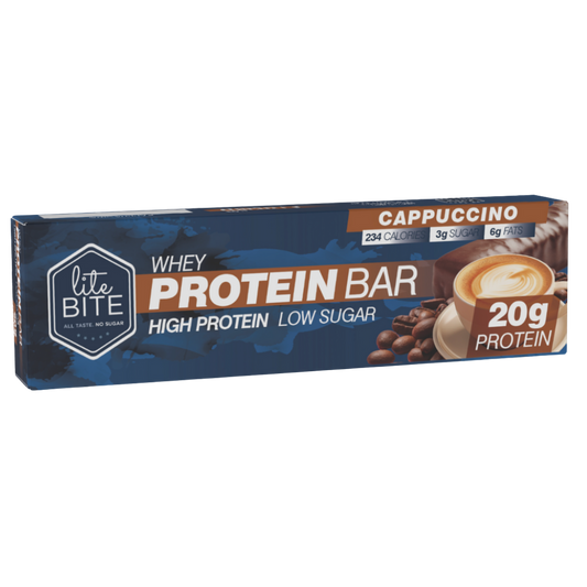 Front packaging of Lite Bite Whey Protein Bar Cappuccino 70g, featuring cappuccino cup, coffee beans, and 20g protein with high-protein low-sugar highlights.