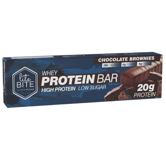 Front packaging of Lite Bite Whey Protein Bar Chocolate Brownies 70g, showing the bar with brownie pieces, 20g protein, high-protein low-sugar claims, and calorie/sugar/fat callouts.