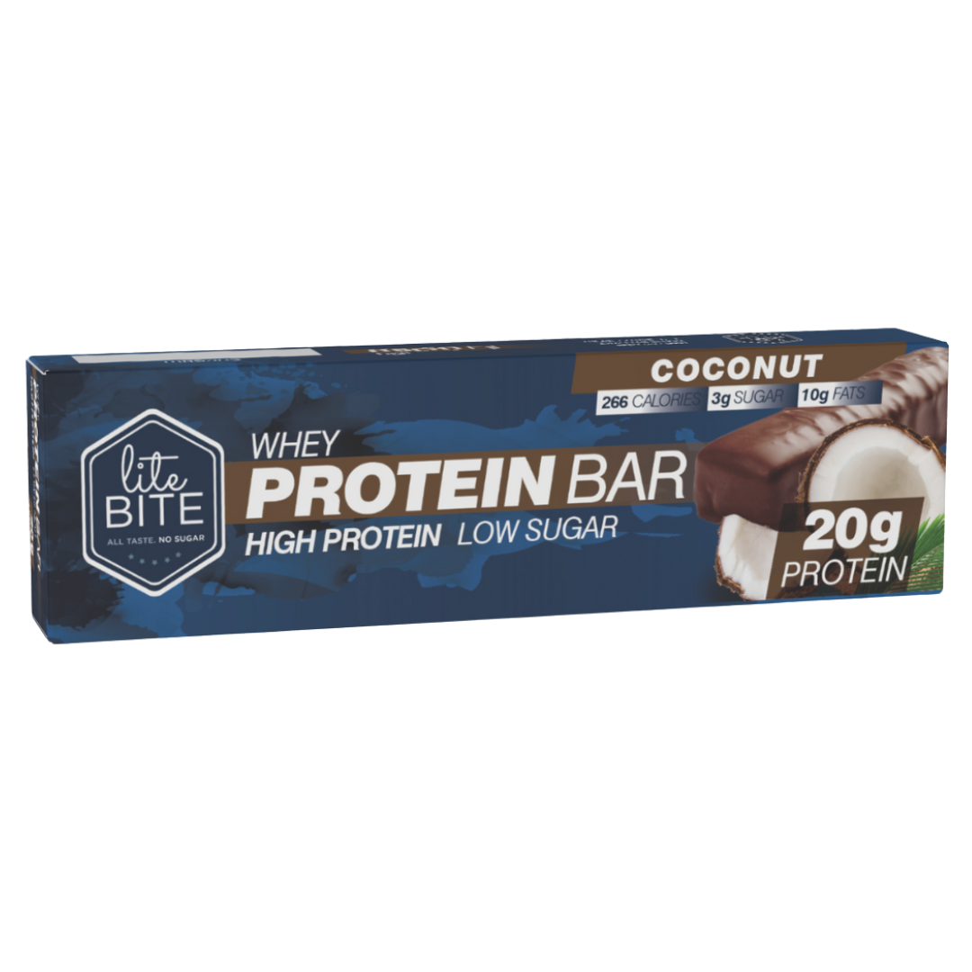 Front packaging of Lite Bite Whey Protein Bar Coconut 70g, showing chocolate-coated coconut bar, coconut pieces, and “20g protein” with high-protein low-sugar highlights.