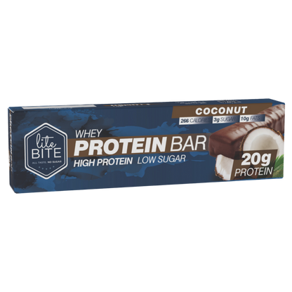 Front packaging of Lite Bite Whey Protein Bar Coconut 70g, showing chocolate-coated coconut bar, coconut pieces, and “20g protein” with high-protein low-sugar highlights.