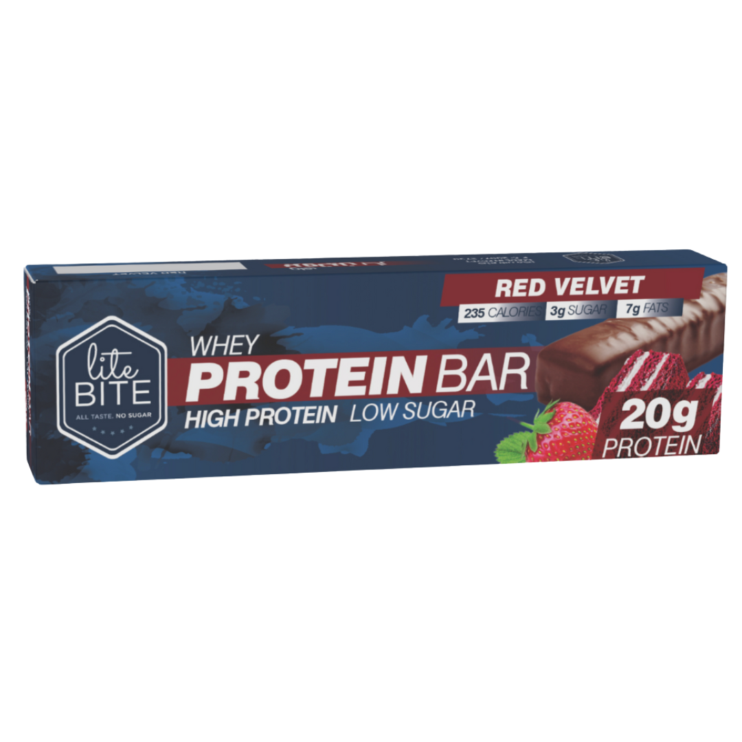 Front packaging of Lite Bite Whey Protein Bar Red Velvet 70g, showing the bar with red velvet cake pieces, 20g protein, high-protein low-sugar claims, and calorie/sugar/fat callouts.