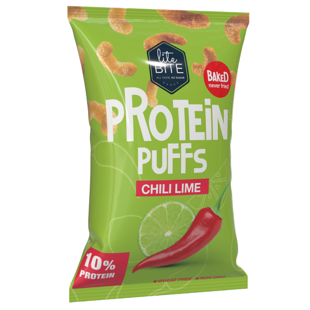 Front packaging of Lite Bite Protein Puffs Chili Lime 40g bag, bright green design featuring chili pepper, lime slice, baked puffs, and product branding.