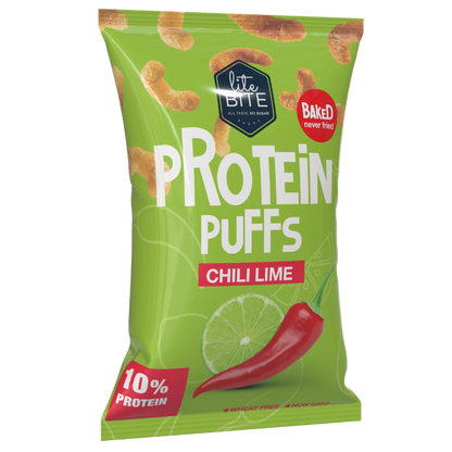 Front packaging of Lite Bite Protein Puffs Chili Lime 40g bag, bright green design featuring chili pepper, lime slice, baked puffs, and product branding.