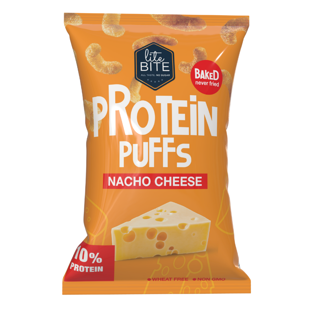 Front view of Lite Bite Protein Puffs Nacho Cheese 40g bag, bright orange packaging with cheese imagery, 10% protein label, and “Baked, never fried” badge.
