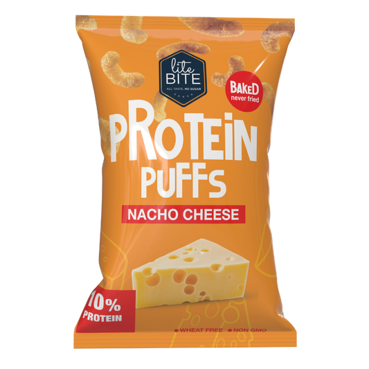 Front view of Lite Bite Protein Puffs Nacho Cheese 40g bag, bright orange packaging with cheese imagery, 10% protein label, and “Baked, never fried” badge.