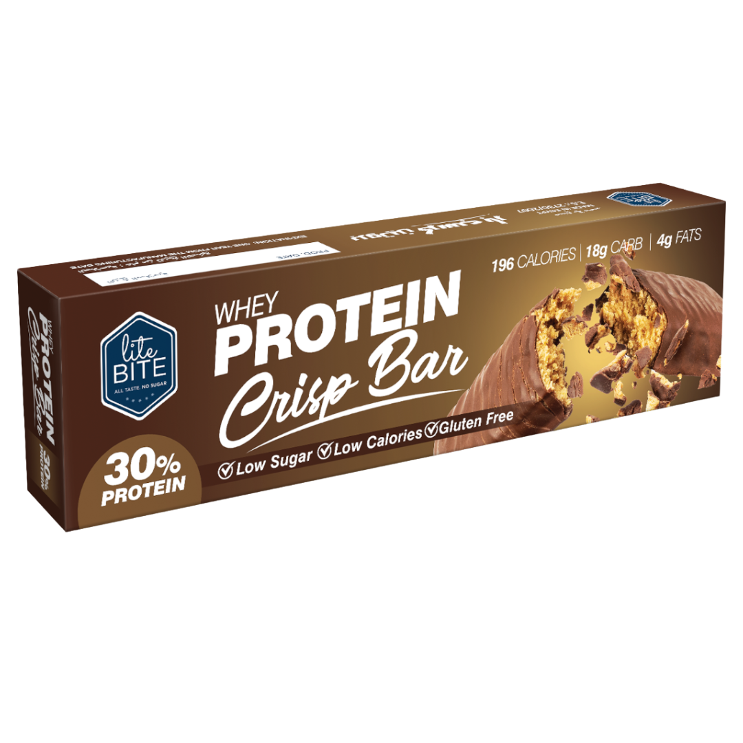 Front packaging of Lite Bite Whey Protein Crisp Bar 70g, featuring a chocolate-coated crispy protein bar with visible crunchy pieces, labeled 30% protein, low sugar, low calories, and gluten free.