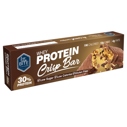 Front packaging of Lite Bite Whey Protein Crisp Bar 70g, featuring a chocolate-coated crispy protein bar with visible crunchy pieces, labeled 30% protein, low sugar, low calories, and gluten free.