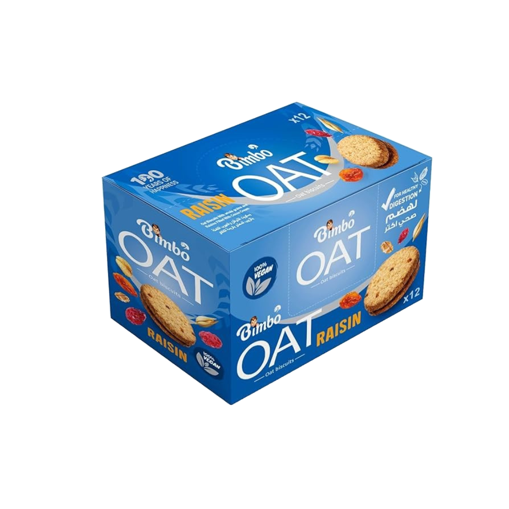 Bimbo Oat Biscuits with Raisin box pack of 12 x 30g by The Growth Co UAE made with whole oats and raisins for a wholesome snack