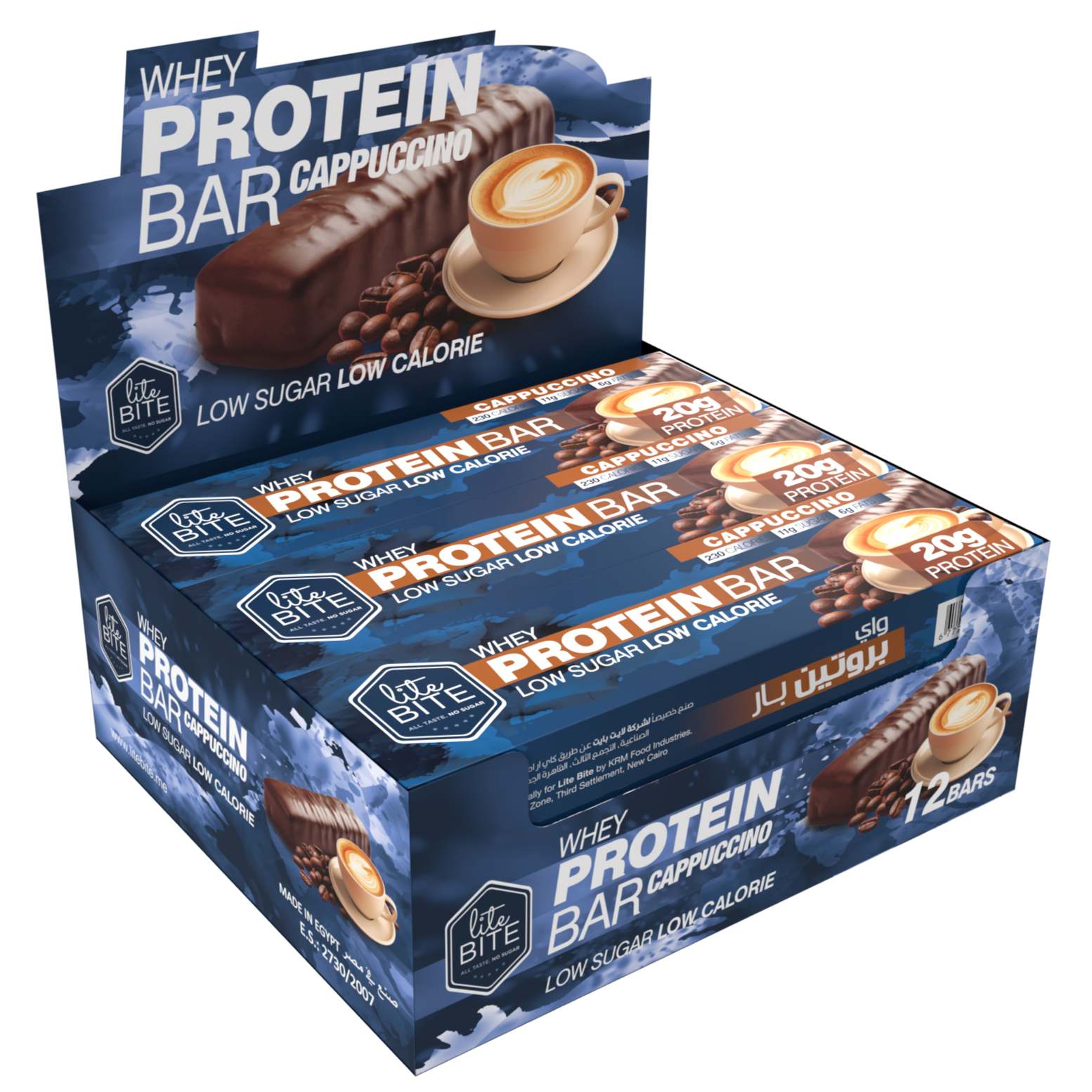 Lite Bite Whey Protein Bar Cappuccino flavor box containing 12 low-sugar, low-calorie 70g protein bars.
