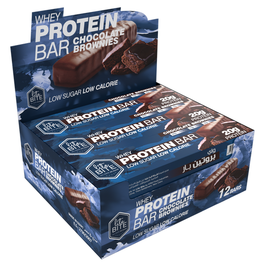 Lite Bite Whey Protein Bar Chocolate Brownies box containing 12 low-sugar, low-calorie 70g bars.