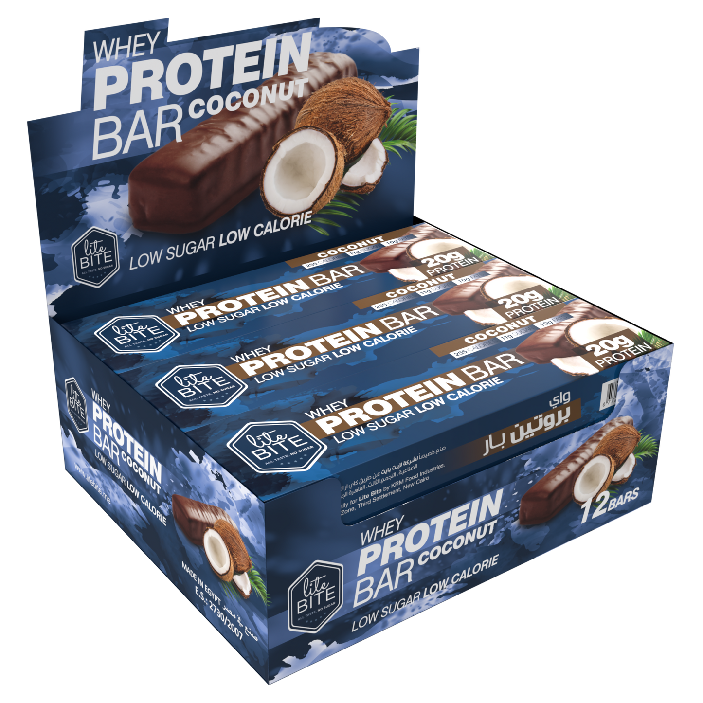 Box of Lite Bite Whey Protein Bar Coconut flavor containing 12 low-sugar, low-calorie 70g protein bars with coconut imagery on the packaging