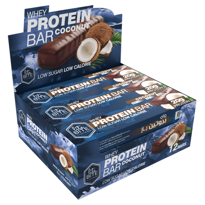 Box of Lite Bite Whey Protein Bar Coconut flavor containing 12 low-sugar, low-calorie 70g protein bars with coconut imagery on the packaging