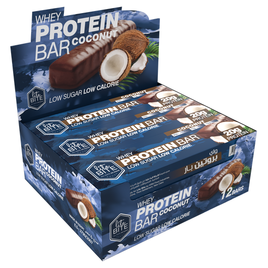 Box of Lite Bite Whey Protein Bar Coconut flavor containing 12 low-sugar, low-calorie 70g protein bars with coconut imagery on the packaging