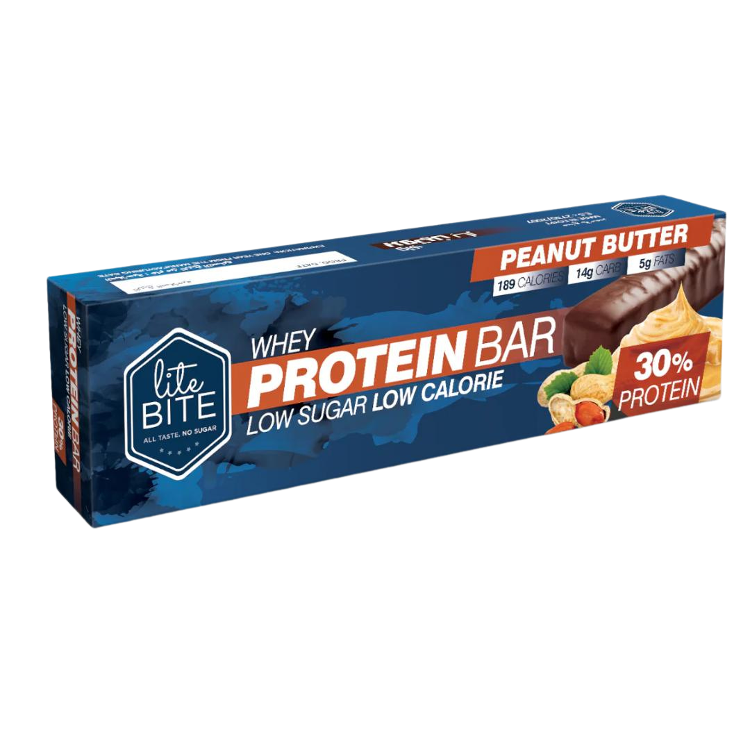 Lite Bite Whey Protein Bar in Peanut Butter flavor, 70g pack. Blue packaging with images of peanuts and peanut butter, showing 189 calories, 14g carbs, 5g fats, and 30% protein.