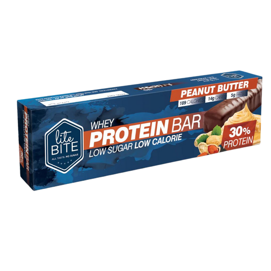 Lite Bite Whey Protein Bar in Peanut Butter flavor, 70g pack. Blue packaging with images of peanuts and peanut butter, showing 189 calories, 14g carbs, 5g fats, and 30% protein.