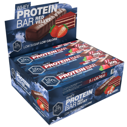 Lite Bite Whey Protein Bar Red Velvet flavor box containing 12 low-sugar, low-calorie 70g protein bars.
