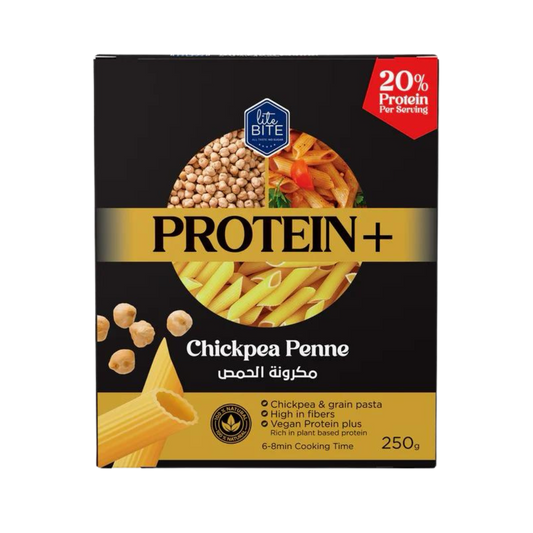 Lite Bite Protein+ Chickpea Penne pasta box, 250g, high-protein vegan pasta made from chickpeas and grains. Packaging shows penne, chickpeas, and a serving suggestion.